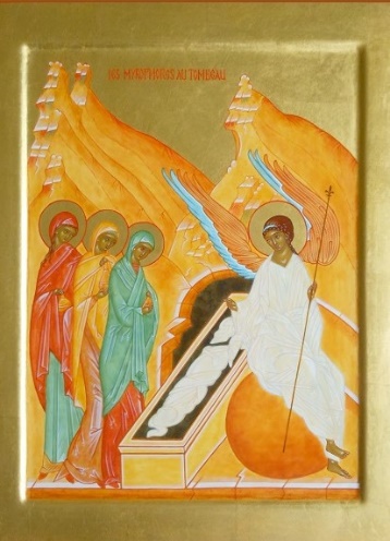 Les femmes myrophores, icône inspirée de celle de Roublev (Russie, 15e siècle)